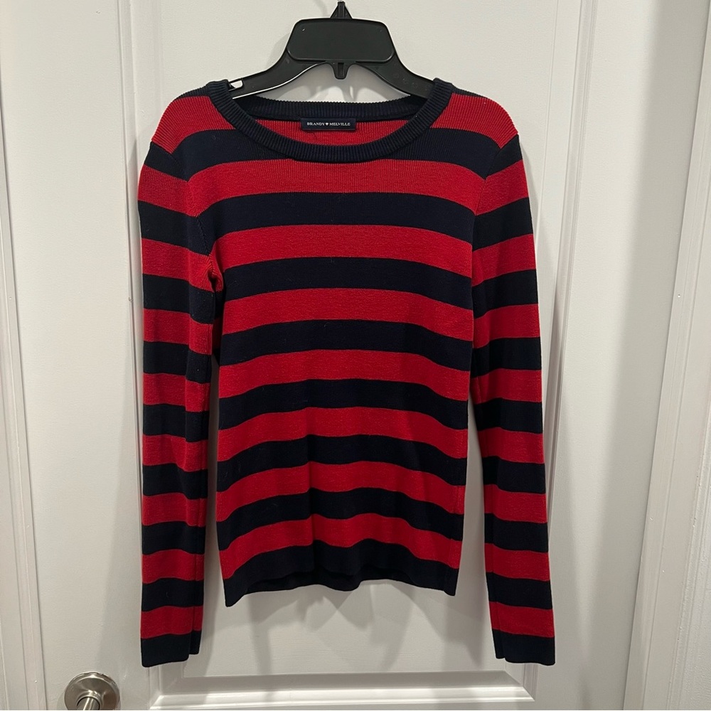 Brandy Melville John Galt Red And Navy Blue Thick Striped Long Sleeve Top